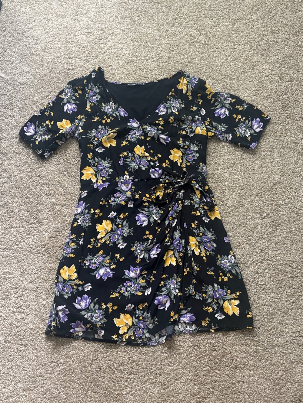 Abercrombie & Fitch Black Floral Wrap Dress with Yellow & Purple Flowers